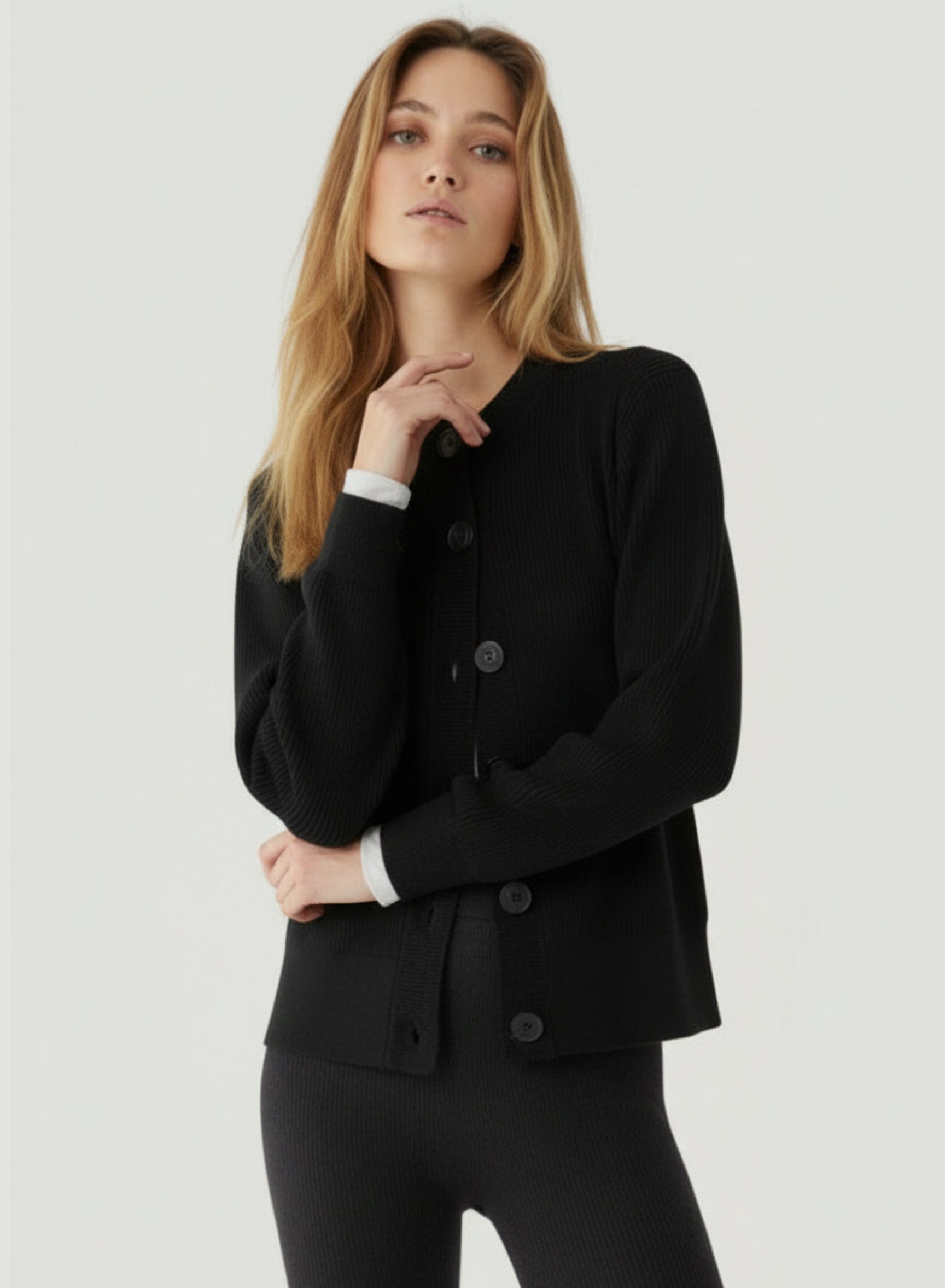 Merino Micro Rib Knit Long Sleeve Crewneck Cardigan – Majestic ...