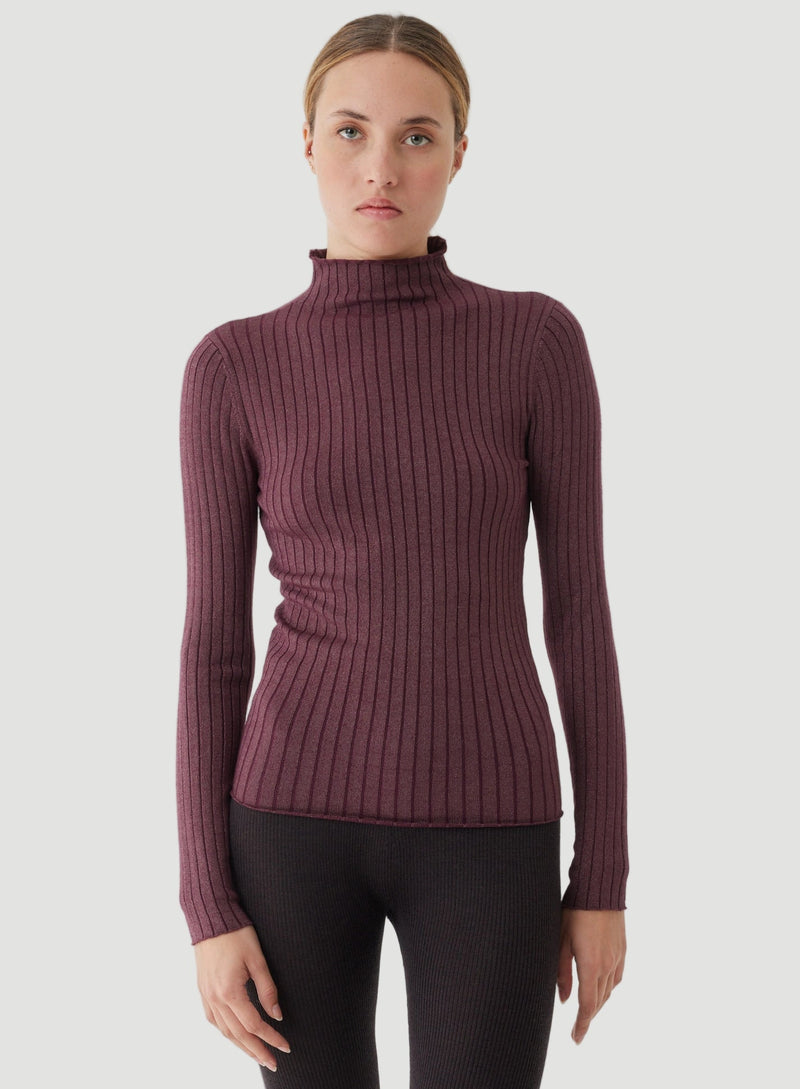 Stretch Organic Cotton Metallic Long Sleeve Mock Neck