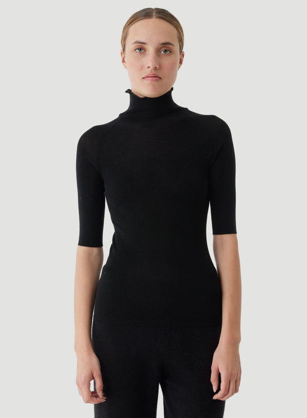 Merino Silk Micro Rib Elbow Sleeve Mock Neck