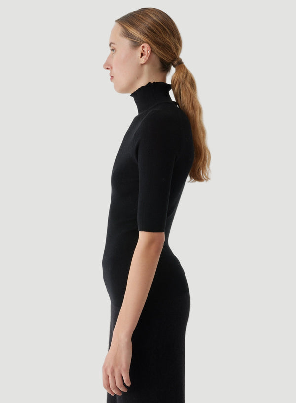 Merino Silk Micro Rib Elbow Sleeve Mock Neck
