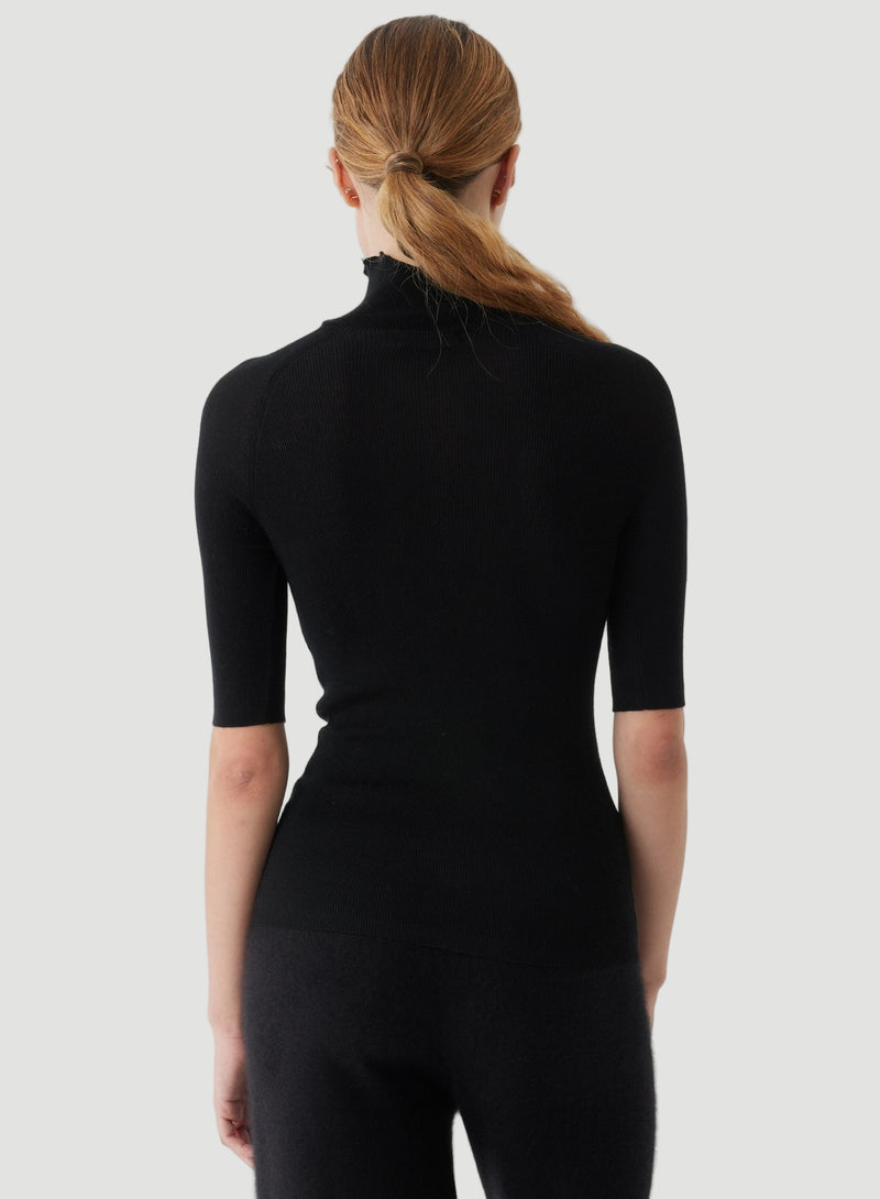 Merino Silk Micro Rib Elbow Sleeve Mock Neck