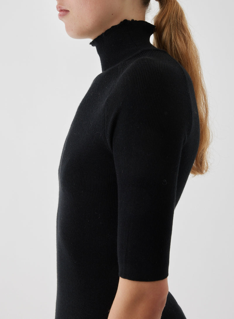 Merino Silk Micro Rib Elbow Sleeve Mock Neck