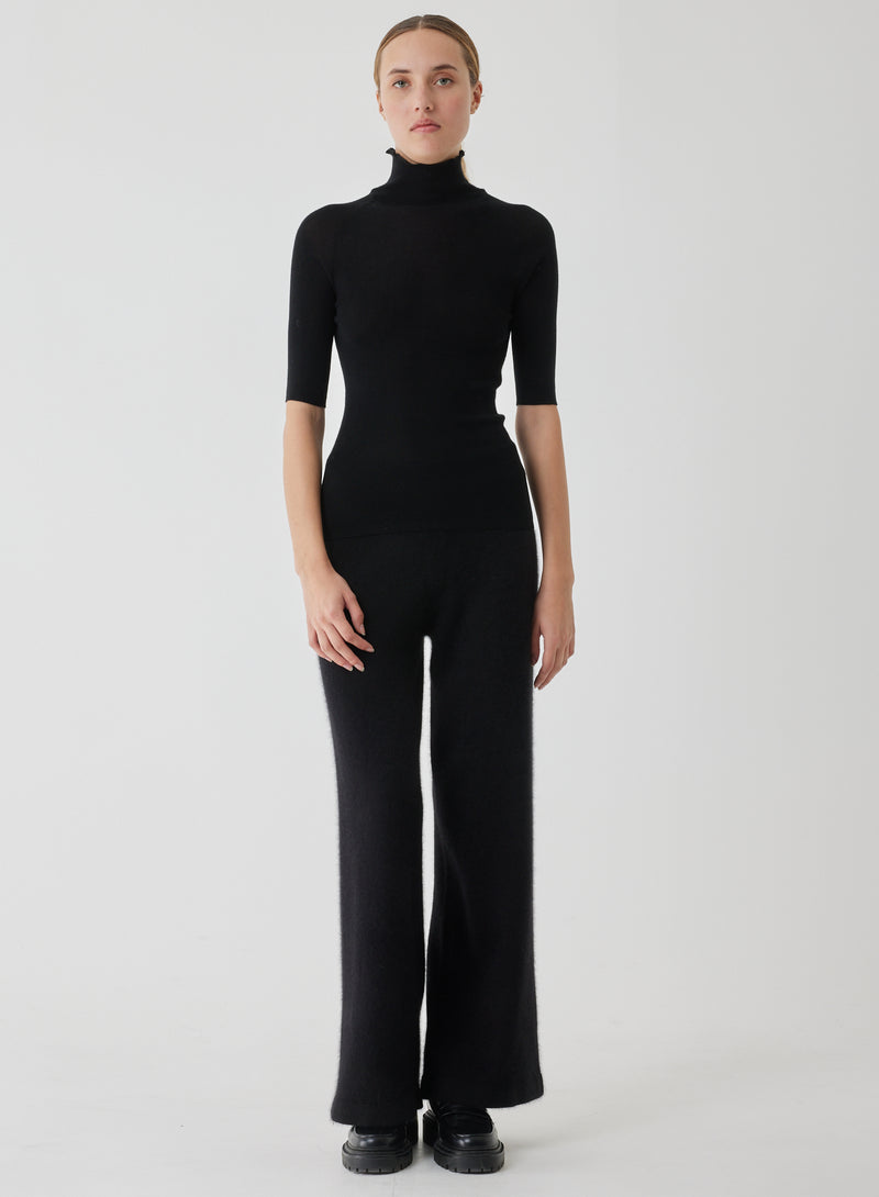 Merino Silk Micro Rib Elbow Sleeve Mock Neck