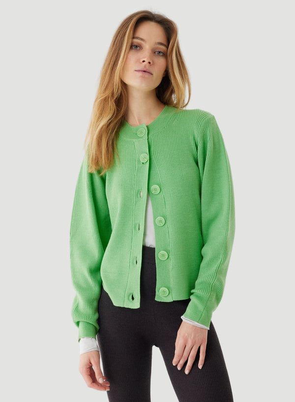 Merino Micro Rib Knit Long Sleeve Crewneck Cardigan