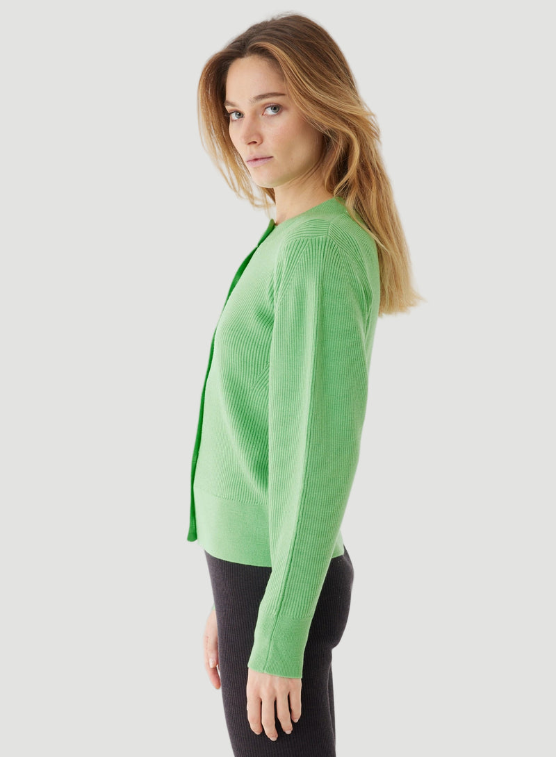 Merino Micro Rib Knit Long Sleeve Crewneck Cardigan