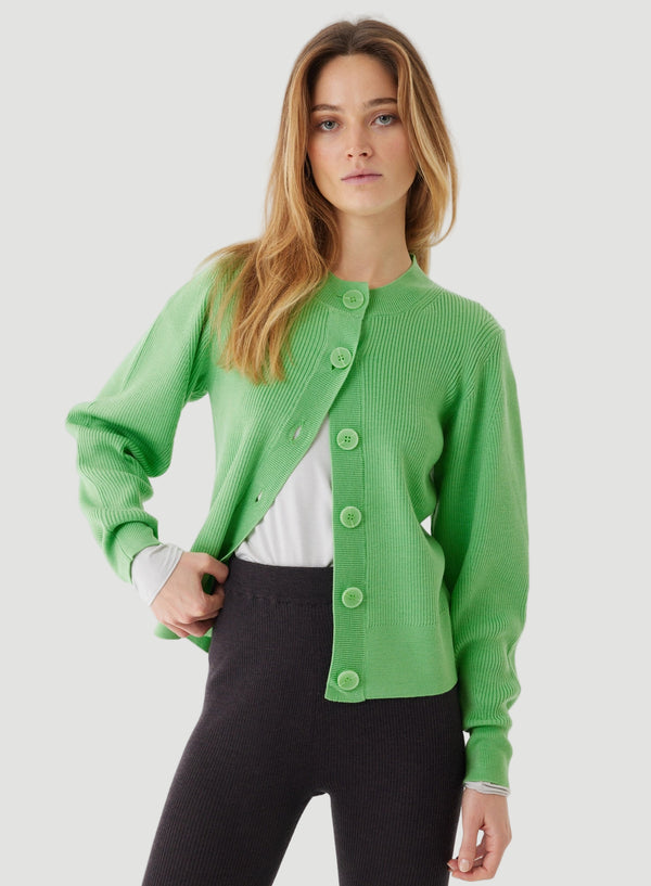 Merino Micro Rib Knit Long Sleeve Crewneck Cardigan