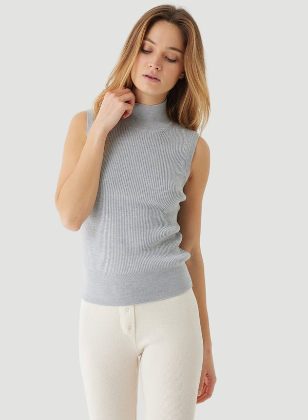 Merino Micro Rib Knit Sleeveless Mock Neck