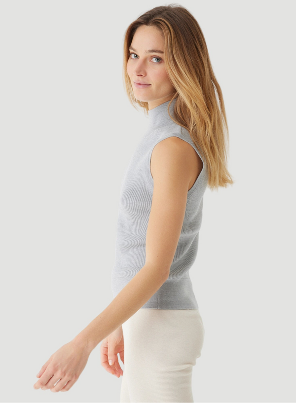 Merino Micro Rib Knit Sleeveless Mock Neck