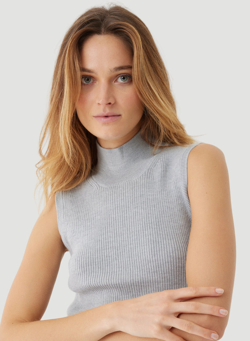 Merino Micro Rib Knit Sleeveless Mock Neck