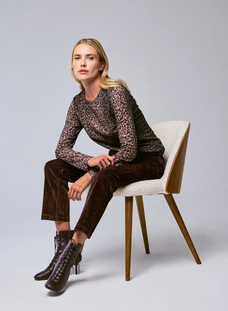Cotton Cashmere Long Sleeve Leopard Novelty Crewneck T-Shirt