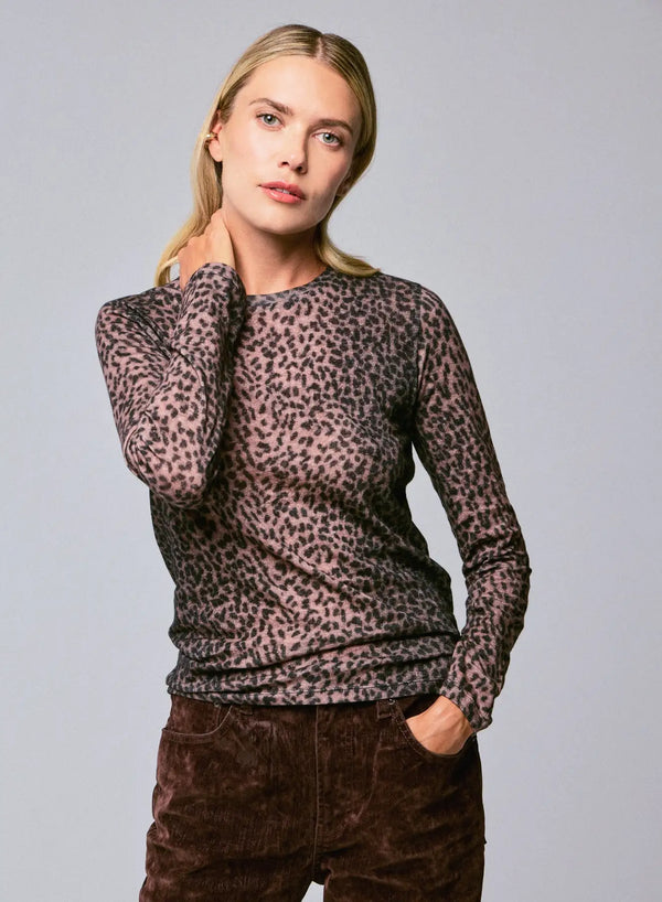 Cotton Cashmere Long Sleeve Leopard Novelty Crewneck T-Shirt
