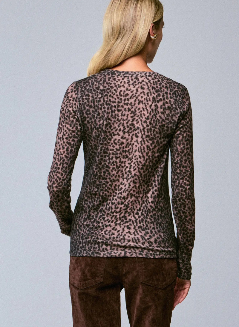 Cotton Cashmere Long Sleeve Leopard Novelty Crewneck T-Shirt