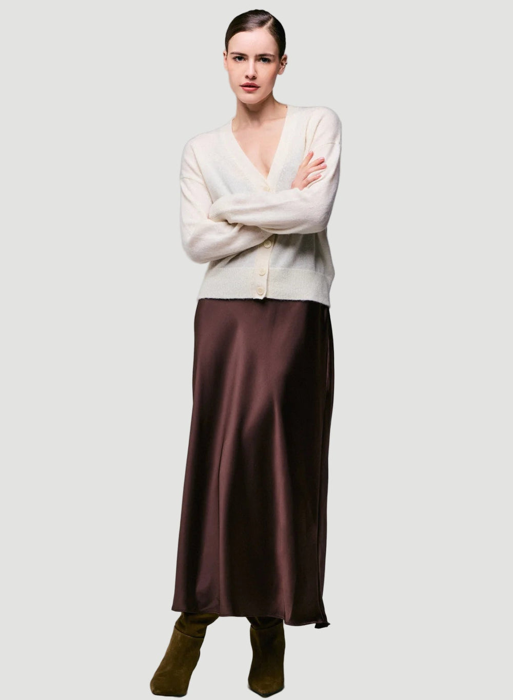 Cashmere Silk V-Neck Cardigan Soft Layer T Shirt for Women MILK