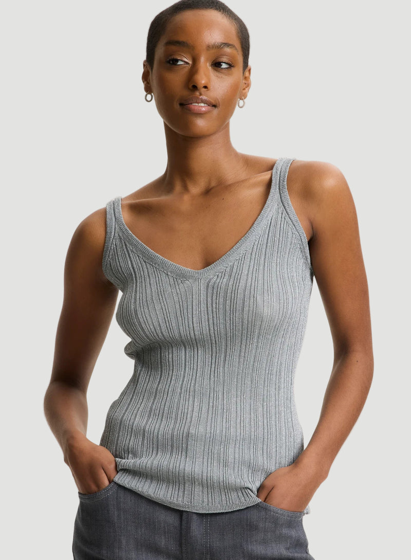Metallic Micro Rib Knit V-Neck Tank