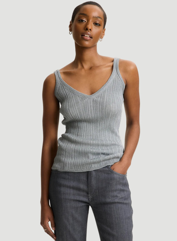 Metallic Micro Rib Knit V-Neck Tank