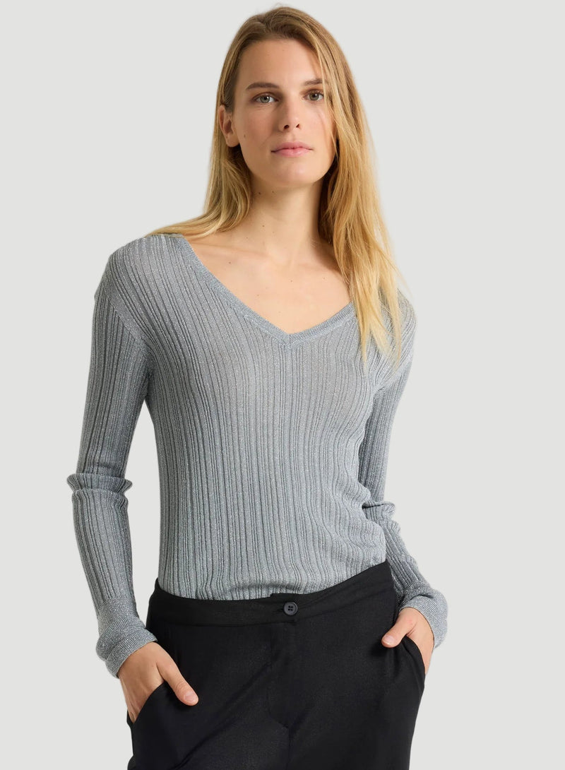 Metallic Micro Rib Knit Long Sleeve V-Neck