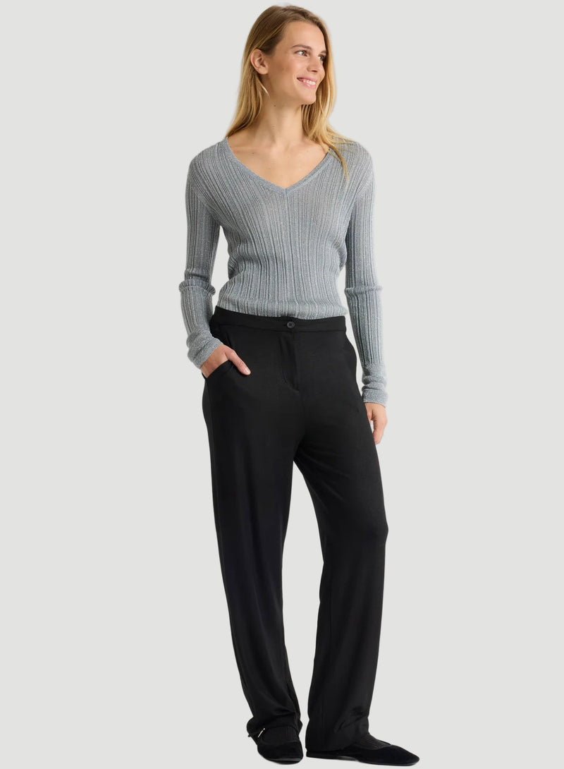 Metallic Micro Rib Knit Long Sleeve V-Neck