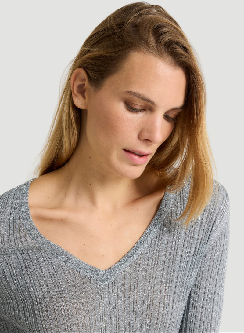 Metallic Micro Rib Knit Long Sleeve V-Neck