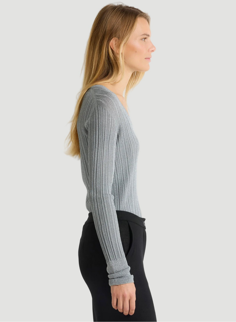 Metallic Micro Rib Knit Long Sleeve V-Neck