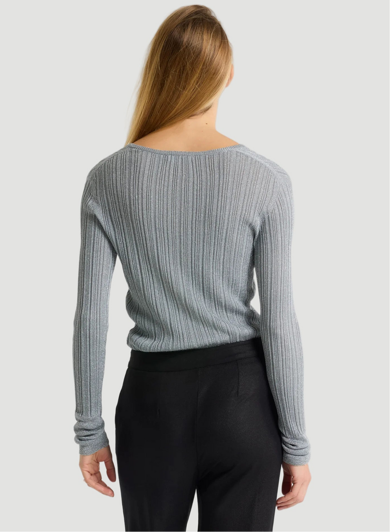 Metallic Micro Rib Knit Long Sleeve V-Neck