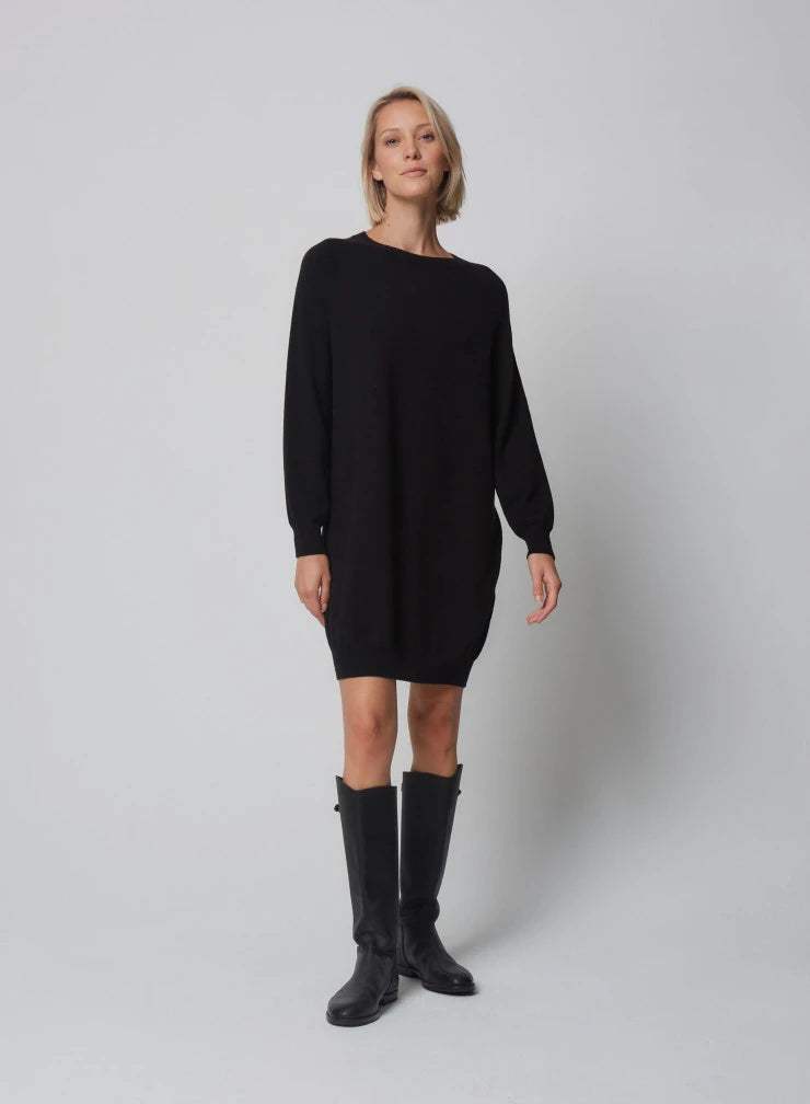 Stretch Organic Cotton Knit Long Sleeve Crewneck Sweater Dress