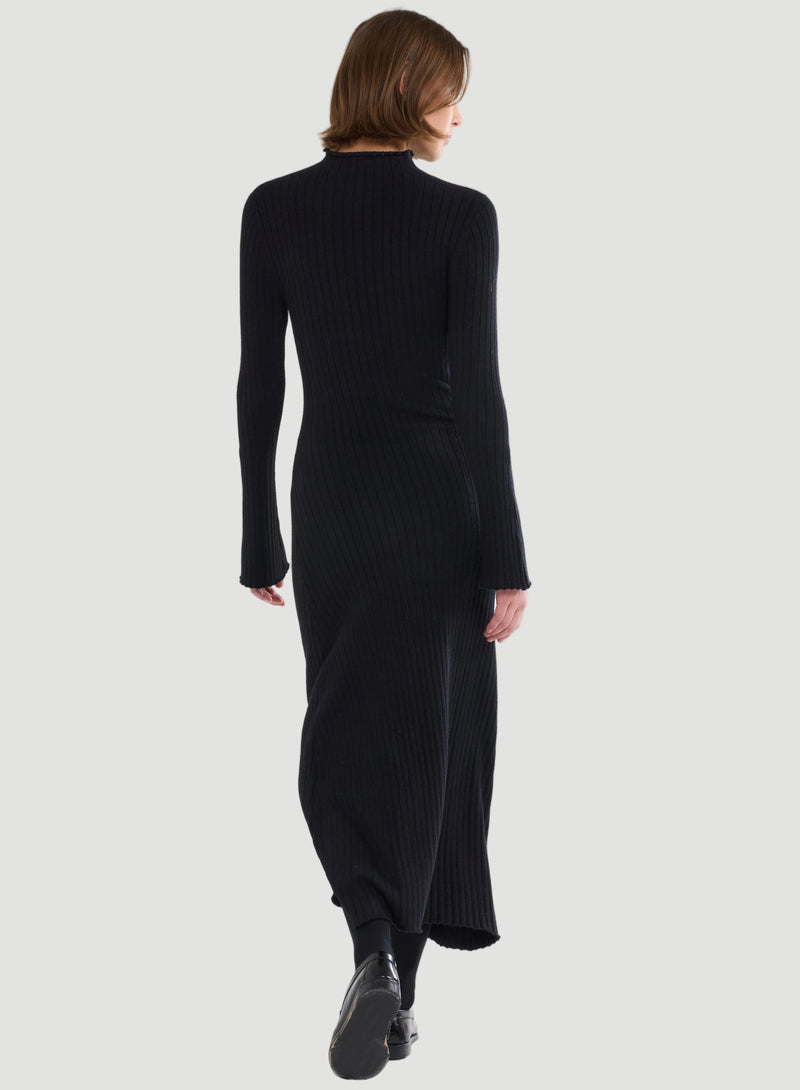 Stretch Organic Cotton Metallic Long Sleeve Mock Neck Midi Dress