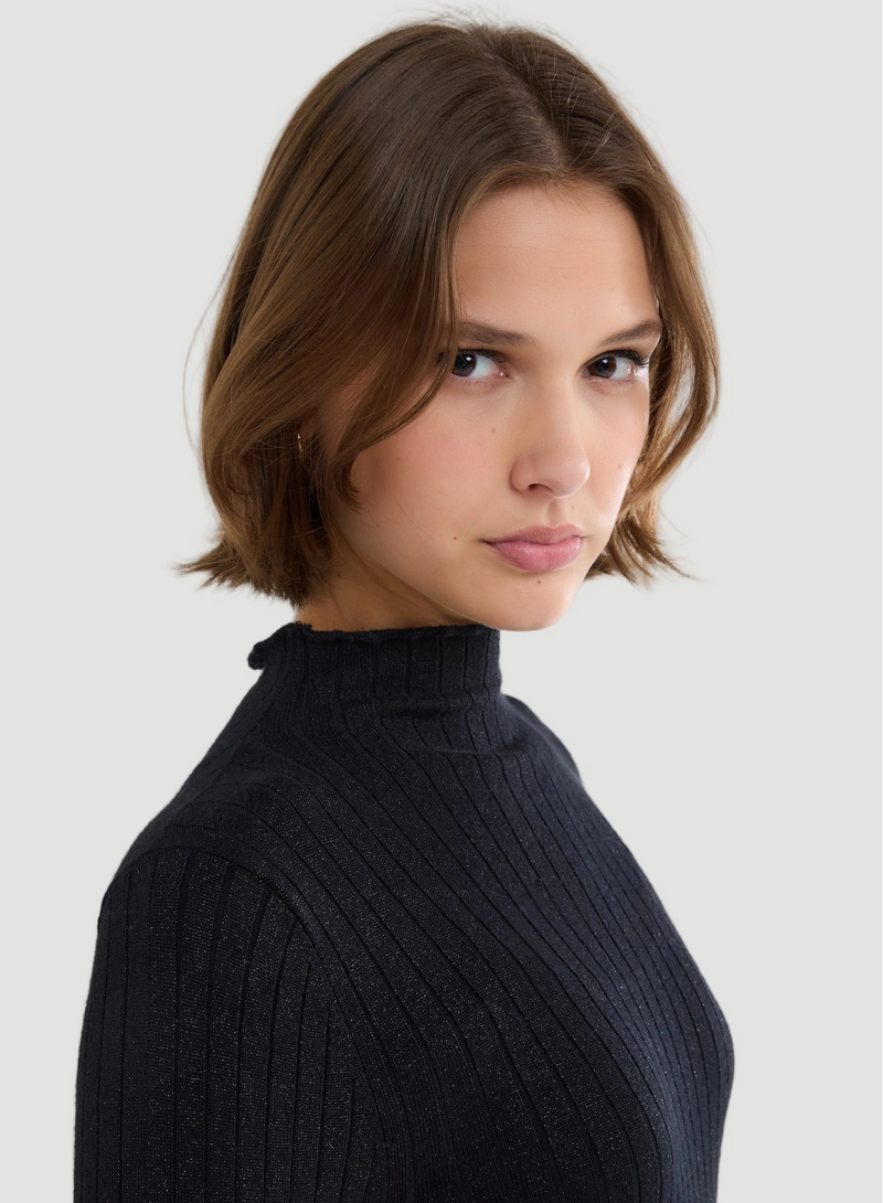 Stretch Organic Cotton Metallic Long Sleeve Mock Neck Midi Dress