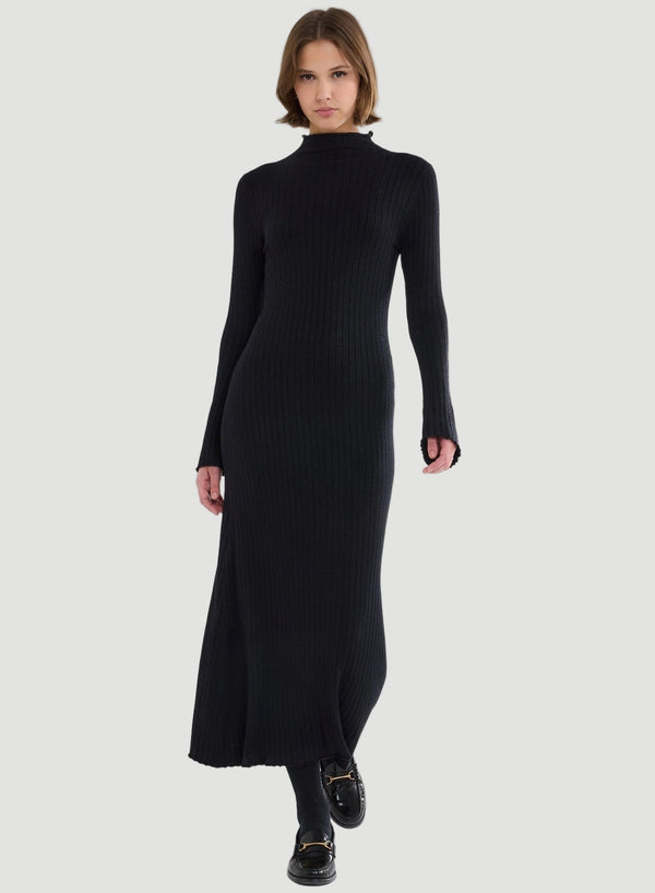 Stretch Organic Cotton Metallic Long Sleeve Mock Neck Midi Dress