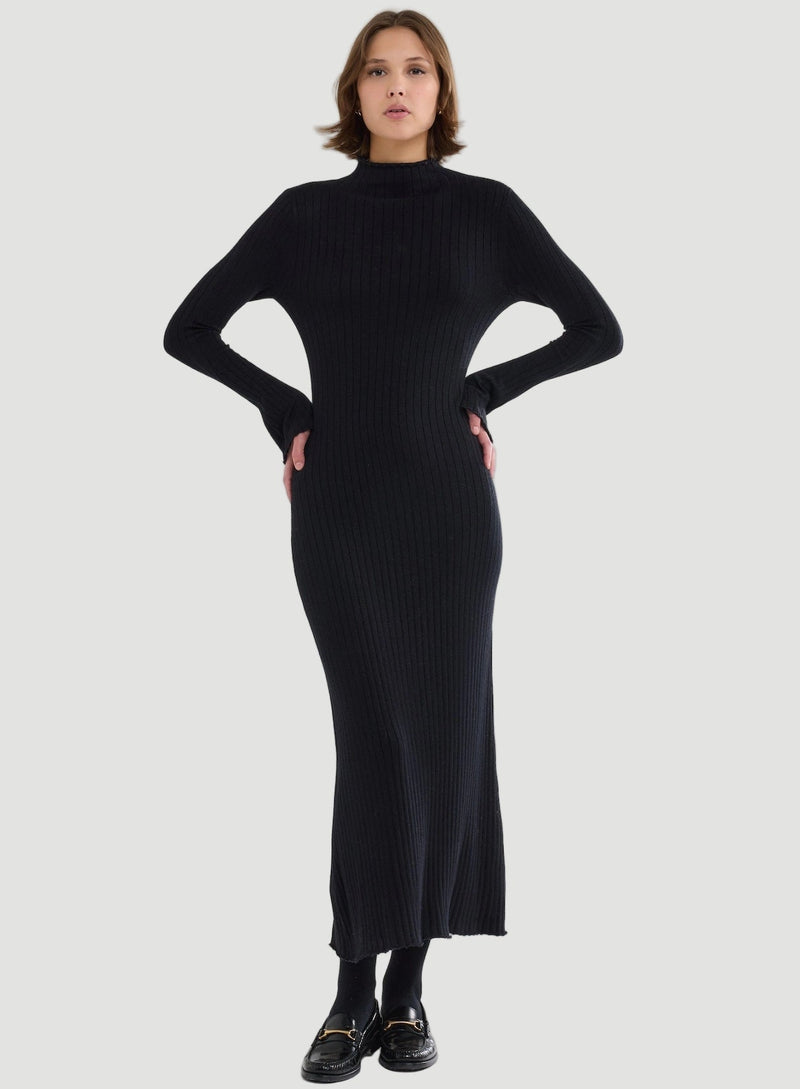 Stretch Organic Cotton Metallic Long Sleeve Mock Neck Midi Dress