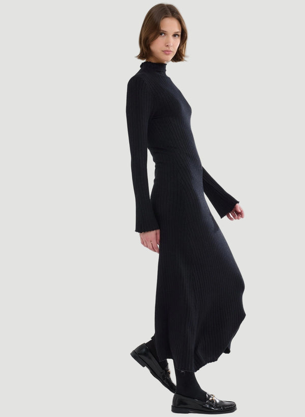 Stretch Organic Cotton Metallic Long Sleeve Mock Neck Midi Dress