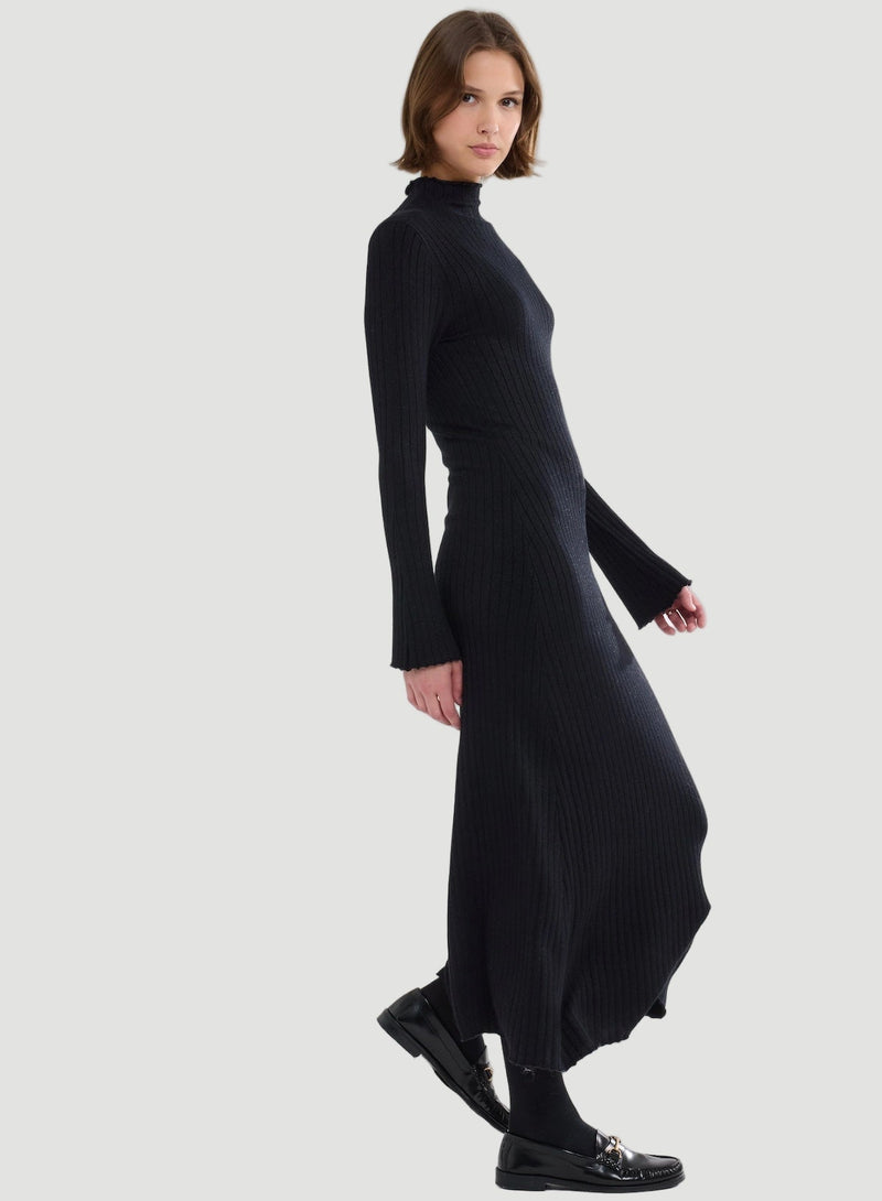 Stretch Organic Cotton Metallic Long Sleeve Mock Neck Midi Dress
