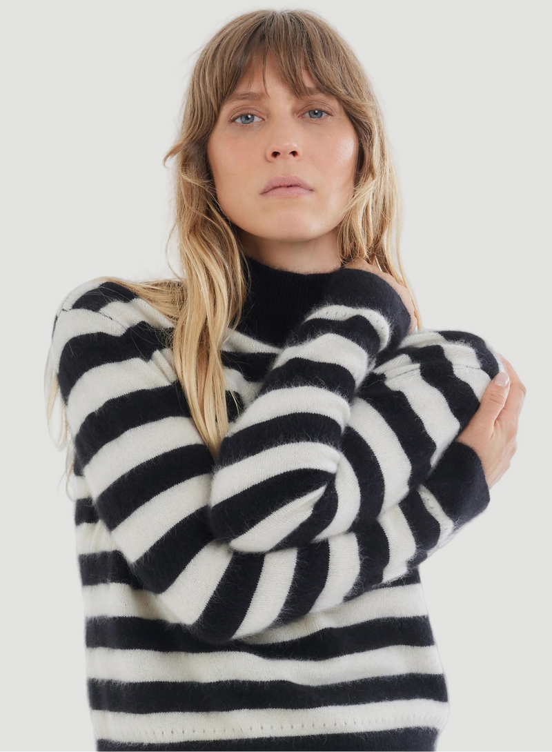 Ultra Soft Stripe Long Sleeve Pullover Mock Neck Sweater