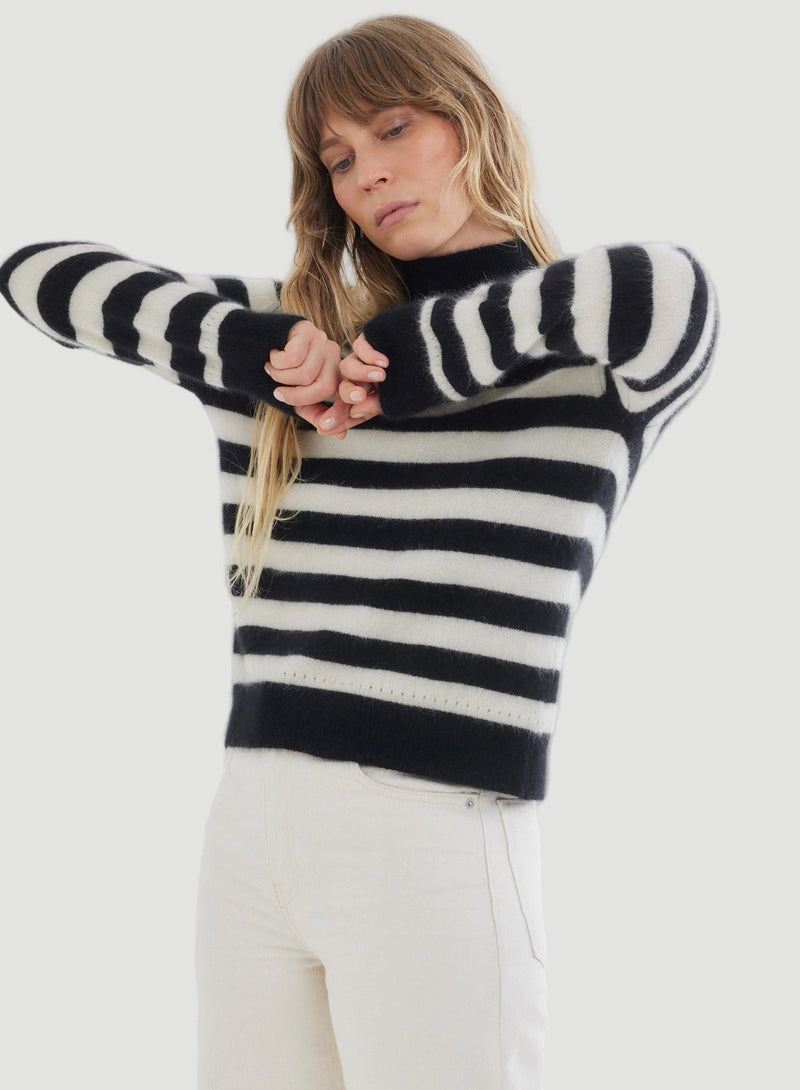 Ultra Soft Stripe Long Sleeve Pullover Mock Neck Sweater