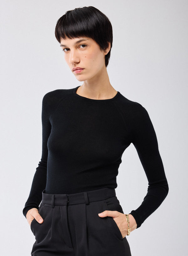 Merino Silk Micro Rib Long Sleeve Knit Crewneck