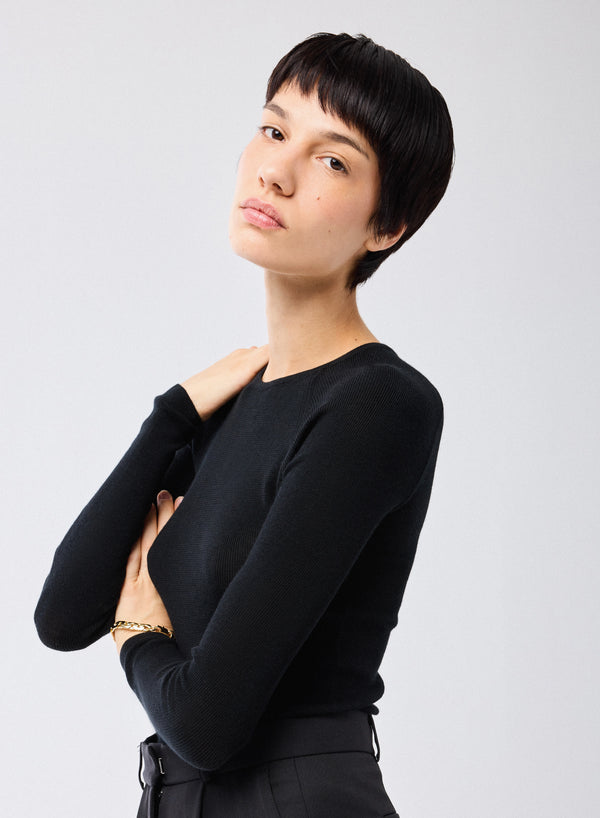 Merino Silk Micro Rib Long Sleeve Knit Crewneck