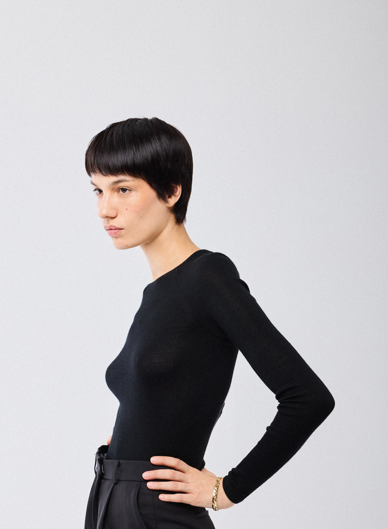 Merino Silk Micro Rib Long Sleeve Knit Crewneck