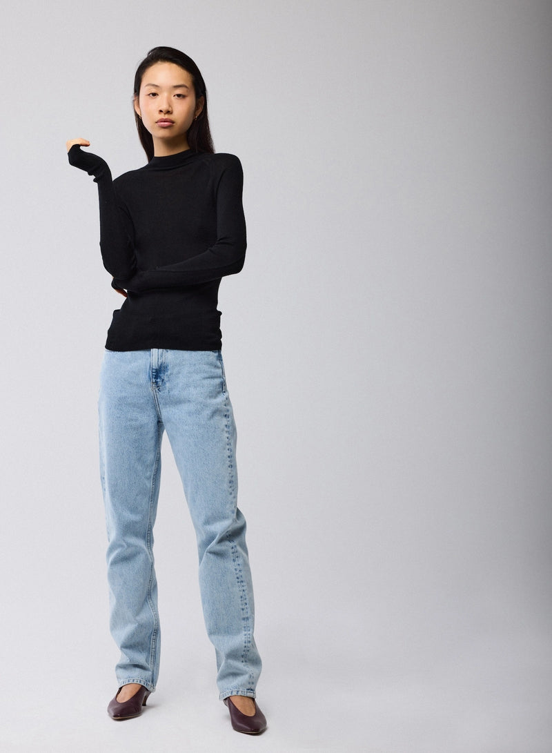 Merino Silk Micro Rib Long Sleeve Knit Mock Neck