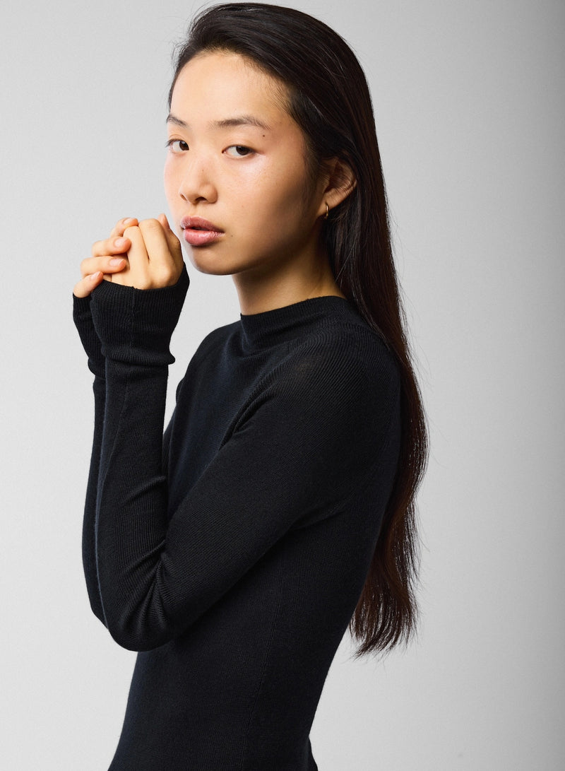 Merino Silk Micro Rib Long Sleeve Knit Mock Neck