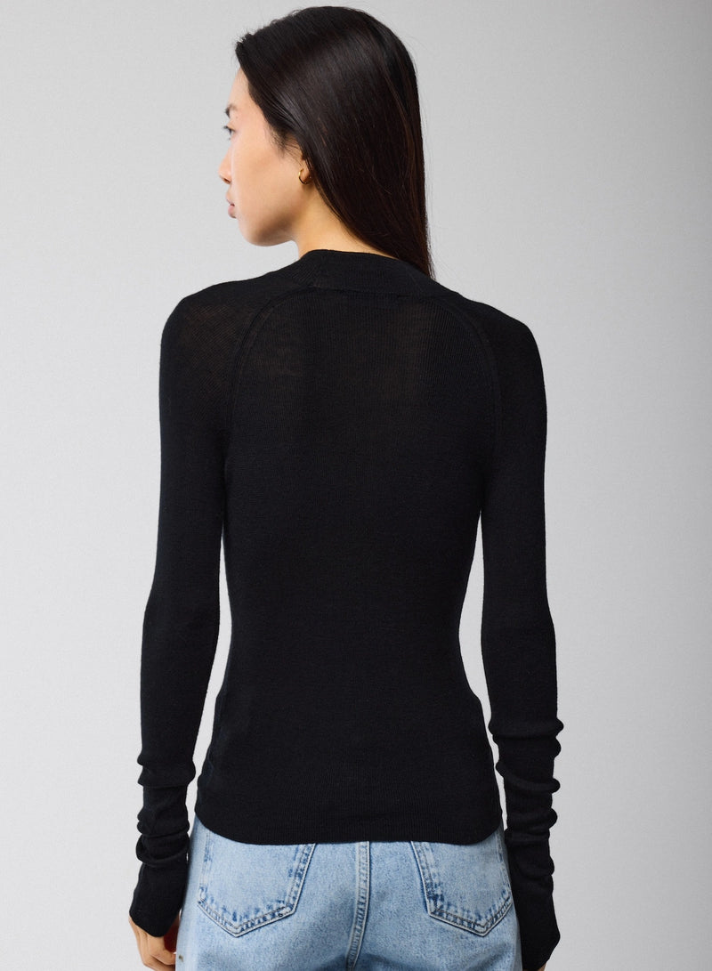 Merino Silk Micro Rib Long Sleeve Knit Mock Neck