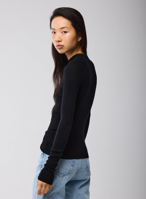 Merino Silk Micro Rib Long Sleeve Knit Mock Neck