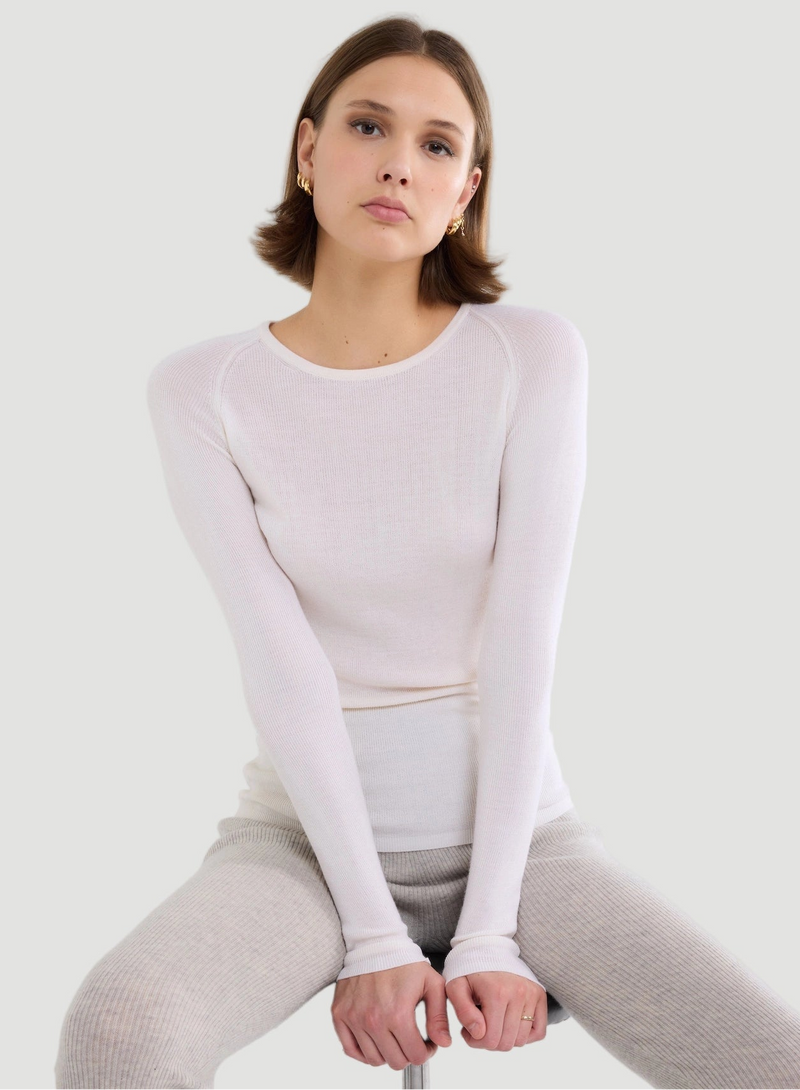 Merino Silk Micro Rib Long Sleeve Knit Crewneck
