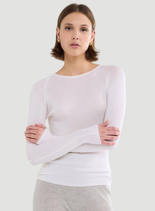 Merino Silk Micro Rib Long Sleeve Knit Crewneck