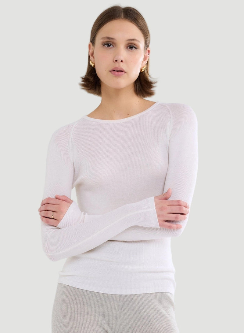 Merino Silk Micro Rib Long Sleeve Knit Crewneck