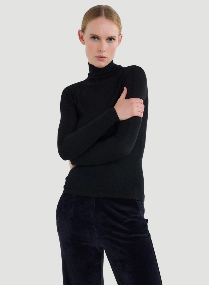 Merino Silk Micro Rib Long Sleeve Knit Mock Neck