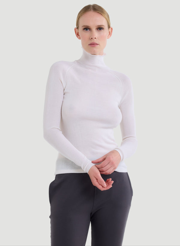 Merino Silk Micro Rib Long Sleeve Knit Mock Neck
