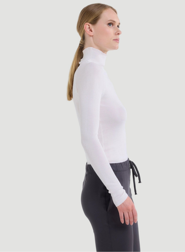 Merino Silk Micro Rib Long Sleeve Knit Mock Neck