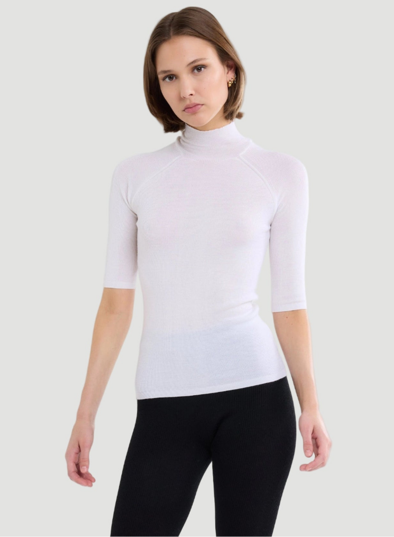 Merino Silk Micro Rib Elbow Sleeve Mock Neck