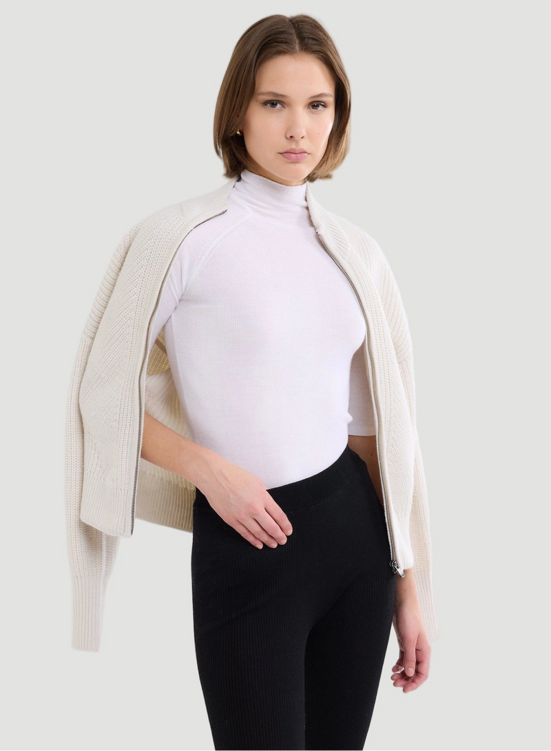 Merino Silk Micro Rib Elbow Sleeve Mock Neck