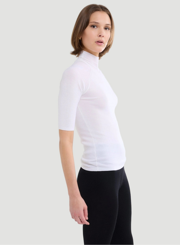 Merino Silk Micro Rib Elbow Sleeve Mock Neck