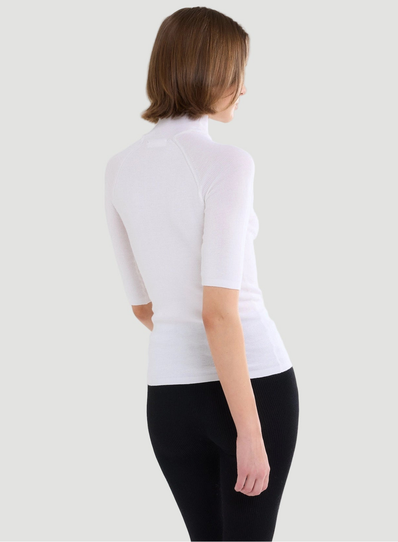 Merino Silk Micro Rib Elbow Sleeve Mock Neck